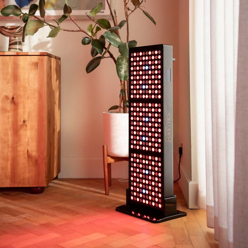 CELLER8 half body red light panel on in corner of room