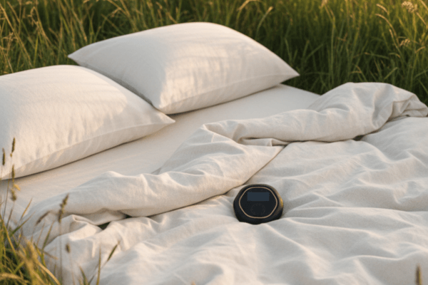 CELLER8 PEMF device on a bed in the middle of a field
