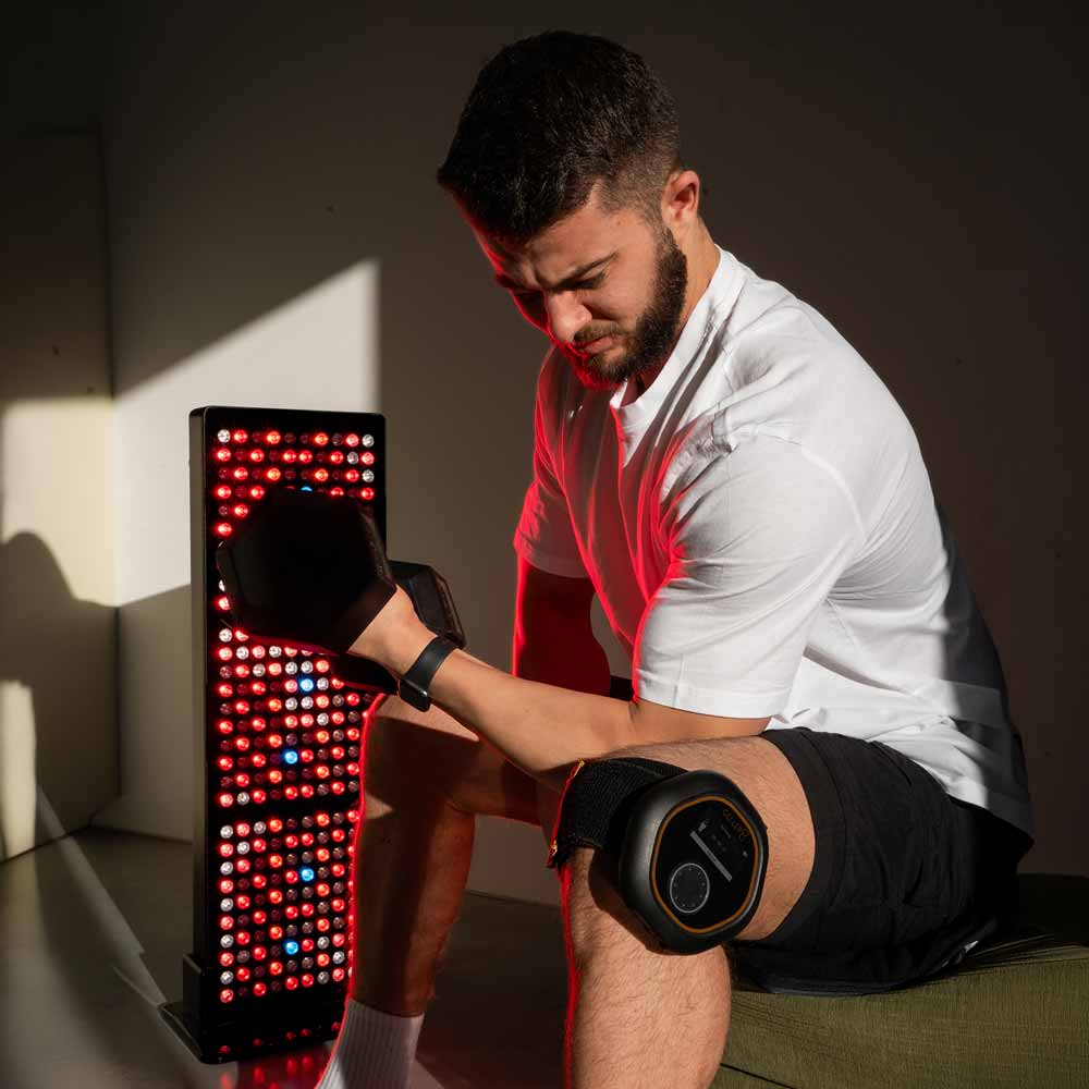 Man doing bicep curls with CELLER8 on knee and CELLER8 half back panel in background