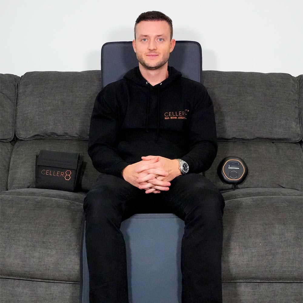 Andy sat on CELLER8 full body mat on sofa